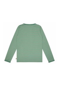 Langarmige grüne Bluse mit horizontalen weißen Streifen, runden Halsausschnitt, weichem Baumwollmaterial und einem kleinen Etikettendesign an der Seite.