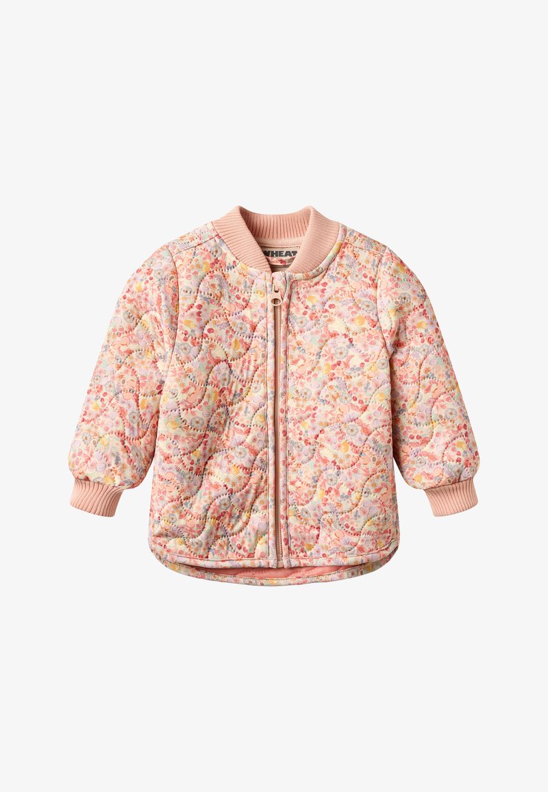 Ruuduline roosa lillemustriga väikelapse jope soonikkoes varrukate, krae ja esiosa lukuga valgel taustal.