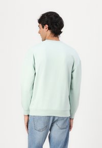 Lys grøn crewneck sweatshirtn med lange ærmer, blød tekstur og ribbede manchetter. Båret med blå denimjeans, som viser en afslappet pasform.