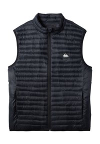 Black puffer vest features a high collar, front zip closure, and horizontal quilted pattern. Includes a small logo on the chest.