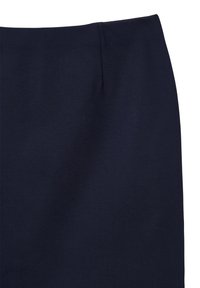 Marineblauer Rock aus glattem Stoff; verfügt über einen geraden Schnitt und einen Bund mit dezenten Falten für zusätzliche Form.