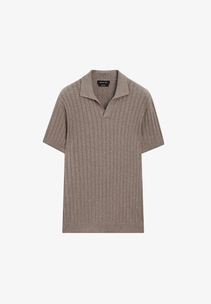 Taupe ribbed knit short-sleeve polo shirt with open collar and lightweight fabric.