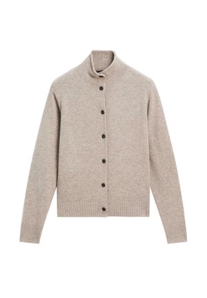 Béžový pletený kardigan s vysokým límcem, černými knoflíky vpředu a žebrovanými manžetami a lemem. Měkká textura a přiléhavý střih.