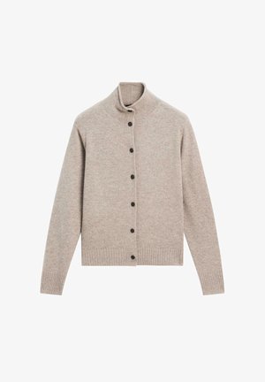 Beige knitted cardigan with a high collar, black buttons down the front, and ribbed cuffs and hem. Soft texture and fitted design.
