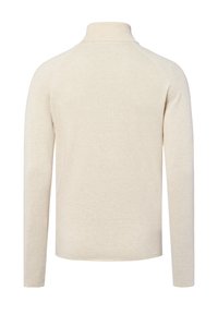 Crème-kleurige, lange mouwen pullovertrui met een hogere hals. Gebreide textuur en een gladde afwerking. Beschikt over raglanmouwen.