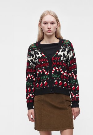 Vero Moda, VMXMAS HOLIDAY V NECK CARDIGAN XMAS - Gilet - black/verdant green/chinese red/ birch