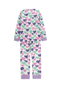 Pajama zestaw z długim rękawem, składający się z białej tkaniny w wzór serc w kolorze różowym, zielonym i fioletowym, wykończony lawendowymi akcentami na mankietach.