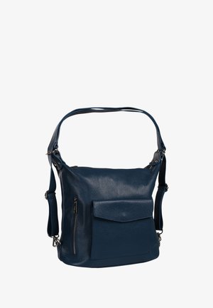 Dunkelblaue Leder-Schultertasche mit vorderer Klapptasche, seitlicher Reißverschlusstasche und verstellbarem Riemen vor weißem Hintergrund.