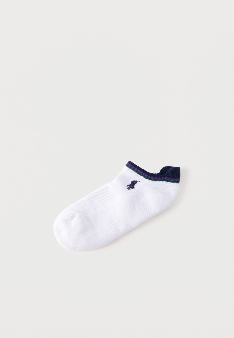 Chaussette blanche chevillée avec talon et bord côte bleu marine rayés vert et violet, avec un petit logo bleu marine sur le côté.