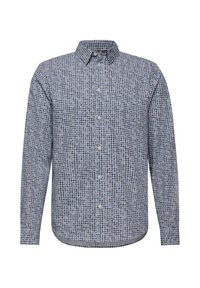 Camicia a maniche lunghe con bottone, a motivo houndstooth blu e grigio, con colletto classico, mostrata su uno sfondo bianco.
