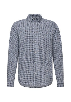 Chemise à manches longues boutonnée avec un motif pied-de-poule bleu et gris et un col classique, présentée sur un fond blanc.