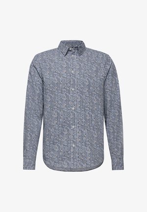 Langärmliges Button-up-Hemd mit blau-grauem Hahnentrittmuster und klassischem Kragen, auf einem weißen Hintergrund präsentiert.