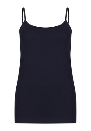 Marineblauwe camisole top van zacht materiaal, met dunne verstelbare bandjes en een aansluitend ontwerp zonder patronen of versieringen.
