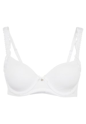 Weißer Bh mit Spitzen-Details entlang der Träger, glatten Cups und einem verzierten Akzent in der Mitte. Verstellbare Träger mit einer geformten Passform.