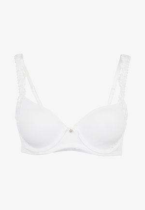 Weißer Bh mit Spitzen-Details entlang der Träger, glatten Cups und einem verzierten Akzent in der Mitte. Verstellbare Träger mit einer geformten Passform.