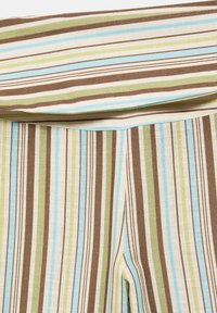 Striped fabric with vertical and horizontal lines in brown, light blue, olive green, and white colors.