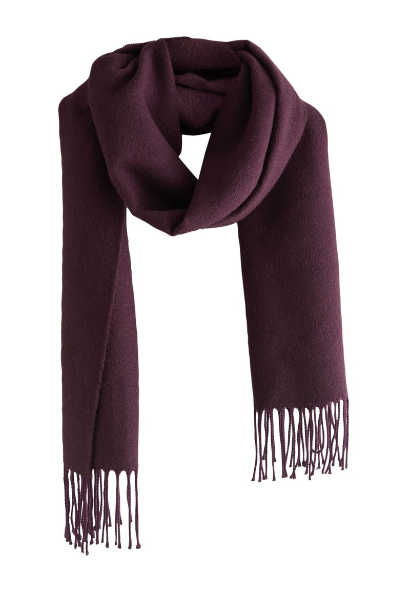 Tumši violets šalles gabals no mīksta auduma ar gludu struktūru un bārkstīm malās, radīts siltumam un komfortam.