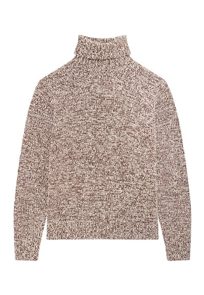Maglione a collo alto marrone e crema realizzato in tessuto a maglia strutturata, con maniche lunghe e una vestibilità rilassata.
