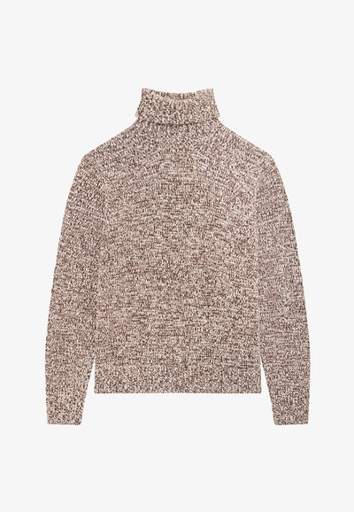 Maglione a collo alto marrone e crema realizzato in tessuto a maglia strutturata, con maniche lunghe e una vestibilità rilassata.