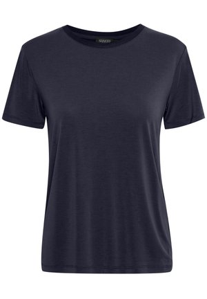 Tumesinine lühikeste varrukatega T-särk, mis on valmistatud pehmest kangast, ümmarguse kaelusega ja sirge servaga. Omab minimaalset õmblusdetaili.