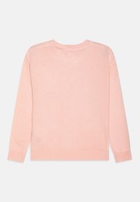 Pull en tricot rose clair avec manches longues, un col rond et des bords côtelés aux manches et au bas. Texture lisse, avec des détails de design minimalistes.