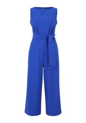Blue sleeveless jumpsuit with a tie waist, wide legs, and a smooth texture. Features a round neckline and back zipper closure.