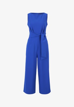 Blue sleeveless jumpsuit with a tie waist, wide legs, and a smooth texture. Features a round neckline and back zipper closure.