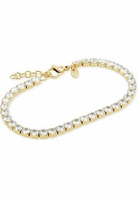 Armbandet i guldton med klara cubic zirconia-stenar i en länkad design, utrustat med en kräftklämma och justerbar kedja för längd.