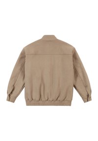 Beige Jacke mit lockerer Passform, strukturierter Stoff, runder Kragen, elastischem Saum und langen Ärmeln mit geknöpften Manschetten.