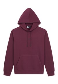Sweat à capuche bordeaux avec une poche kangourou à l'avant, des cordons de serrage réglables et des poignets côtelés, fabriqué à partir d'un tissu doux en mélange de coton.