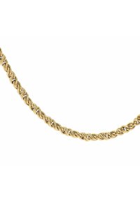 Collana a catena attorcigliata in tono oro, caratterizzata da un design a spirale con una superficie liscia e lucida e anelli omogenei.