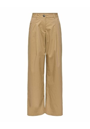Pantalon large couleur camel avec plis à l'avant, fermeture par bouton et zip, et passants pour ceinture, présenté sur fond blanc.