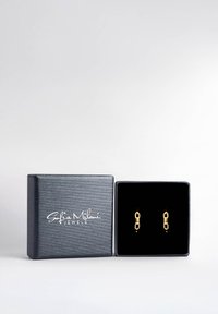 Guld kædelink øreringe præsenteret i en sort velourbeklædt boks med en struktureret grå yderside, prydet med et logo på toppen.