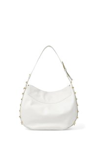 Borsa a tracolla in pelle bianca con forma curva, dettagli in metallo dorato e una superficie liscia. Presenta elementi decorativi lungo la tracolla.