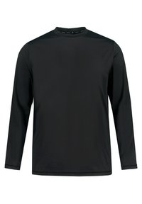 Sort langærmet sportsbluse, rund hals, lavet af glat, let stof. Har en ensfarvet design med kontraststikning og kantdetaljer.