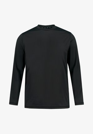 Czarna sportowa koszulka z długim rękawem, okrągły dekolt, wykonana z gładkiego, lekkiego materiału. Charakteryzuje się prostym wzornictwem z kontrastowymi przeszyciami i wykończeniem.