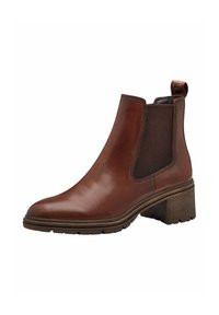 Botte de cheville en cuir marron avec des panneaux latéraux en élasthanne, bout rond et un talon texturé en bloc. Dotée d'une languette pour un enfilage facile.