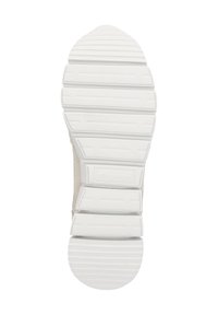 Weiße Gummisohle mit strukturierten Grip-Mustern, die horizontale Linien und rechteckige Profilierungen für besseren Halt aufweisen.