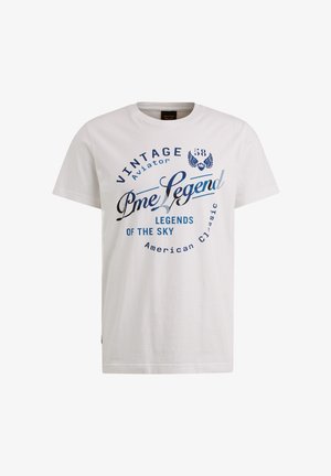 Weißes Baumwoll-T-Shirt mit blauem Grafikdruck. Mit den Texten "Vintage Aviator", "Pme Legend" und "Legends of the Sky". Rundhalsausschnitt, kurze Ärmel.