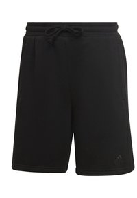 Pantalones cortos deportivos negros con cintura elástica, cordón de ajuste y dos bolsillos laterales. Hechos de una tela suave con una textura lisa.