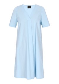Hellblaues, kurzärmliges Kleid mit V-Ausschnitt und lockerer Passform, aus glattem Stoff gefertigt. Verfügt über eine ausgestellte Form und einen knielangen Saum.