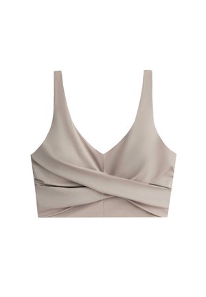 Beige crop top with wide shoulder straps and a twisted fabric design across the front.