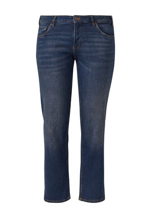 Dunkelblaue Jeans aus Denim mit geradem Schnitt, dezentem Used-Effekt und Fünf-Taschen-Design. Der Bund ist mit einem Metallknopf und Gürtelschlaufen versehen.