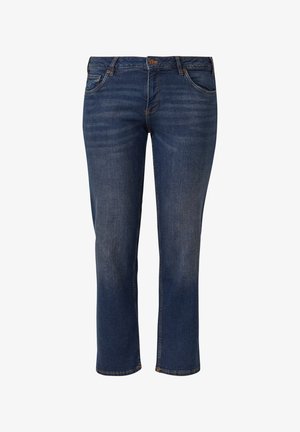 Dunkelblaue Jeans aus Denim mit geradem Schnitt, dezentem Used-Effekt und Fünf-Taschen-Design. Der Bund ist mit einem Metallknopf und Gürtelschlaufen versehen.