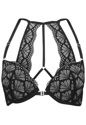 Soutien-gorge en dentelle noire avec un motif géométrique, doté de bretelles réglables et d'un détail en anneau central, conçu avec un décolleté plongeant.