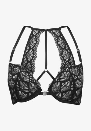 Reggiseno in pizzo nero con un motivo geometrico, dotato di spalline regolabili e di un dettaglio con anello centrale, progettato con un décolleté profondo.