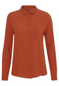 Chemise à manches longues couleur orange rouille avec fermeture boutonnée à l'avant, col et une poche poitrine unique. Tissu lisse avec un léger éclat.