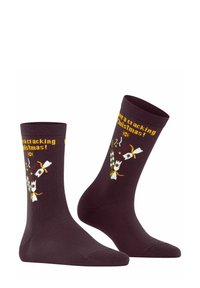 Dunkelburgunderfarbene Socken mit einem festlichen Design von bunten Weihnachtskrachern und dem Text „Frohe Weihnachten!“ in Gelb.