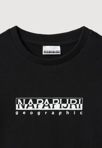 Schwarzer Baumwoll-Sweatshirt mit Rundhalsausschnitt, gerippten Bündchen und einem weißen Drucklogo mit den Texten "NAPAPIJRI" und "geographic".