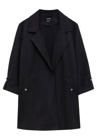 Black outerwear jacket made of soft fabric, featuring a wide collar, two front pockets, and rolled sleeves with snap button accents.